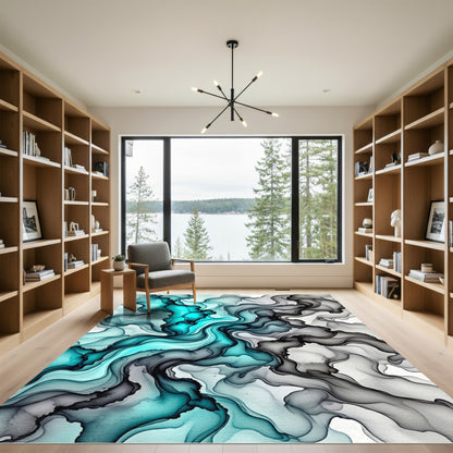 Turquoise Smoke Swirl Abstract Rug