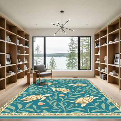 Aqua Blue Sea Turtle Foliage Rug