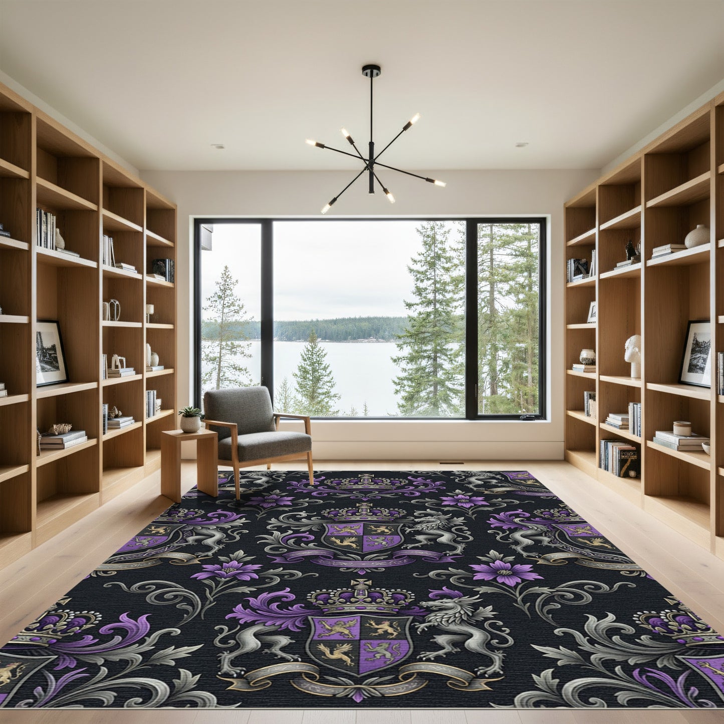 Royal Purple Crest and Griffin Damask Rug