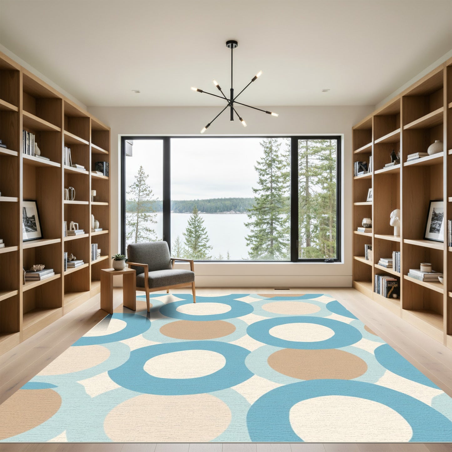 Mid Century Blue Tan Circles Rug