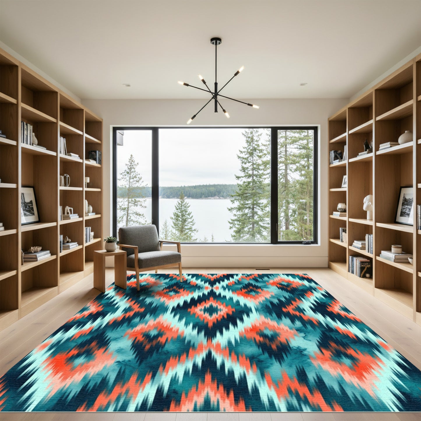Vibrant Teal and Coral Ikat Diamond Rug