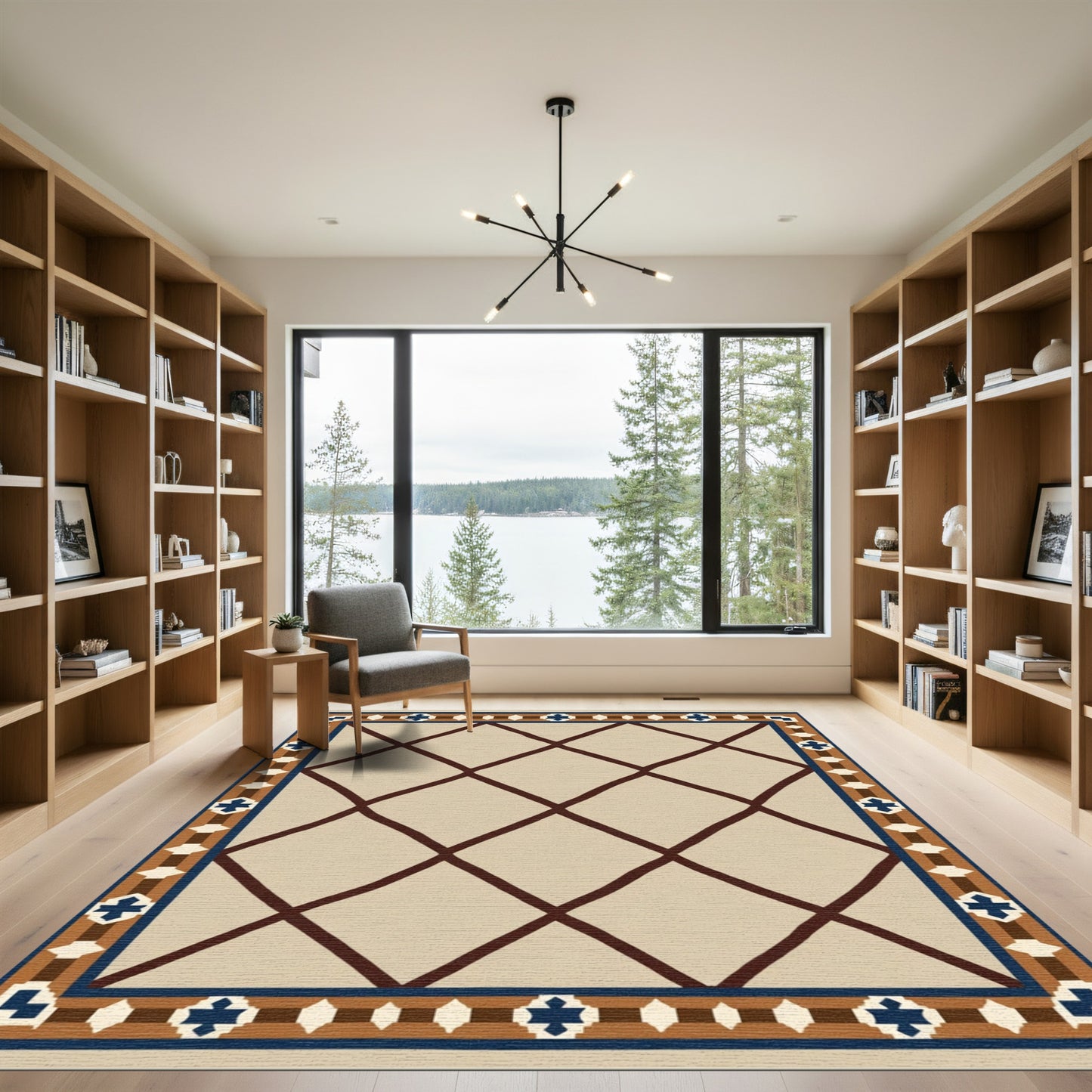 Beige Diamond Lattice Geometric Border Rug