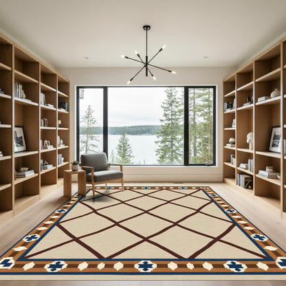 Beige Diamond Lattice Geometric Border Rug