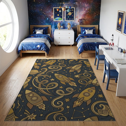 Cosmic Golden Rockets Swirling Stars Rug