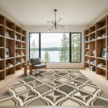 Midcentury Neutral Interlocking Wave Geometric Rug