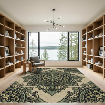 Ornate Green and Gold Medallion Rug