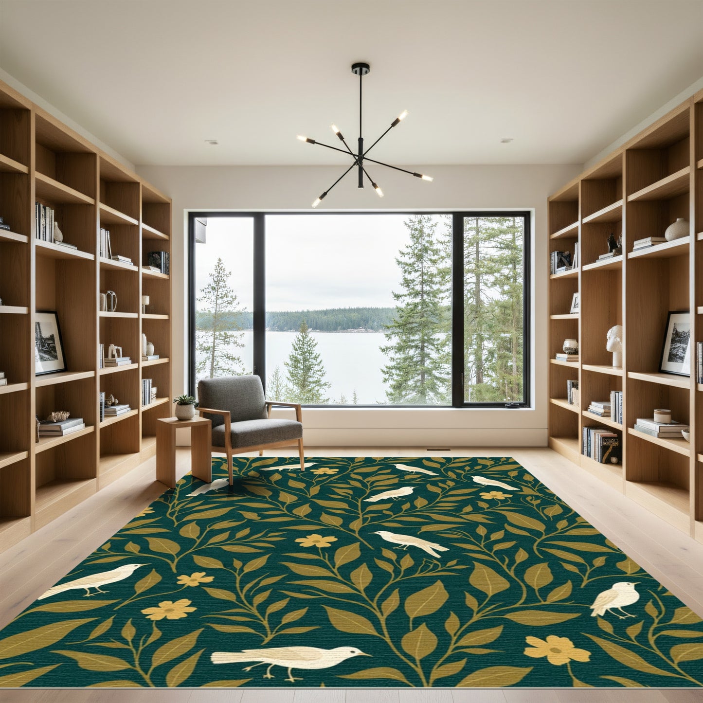 Gold Birds Floral Art Nouveau Rug