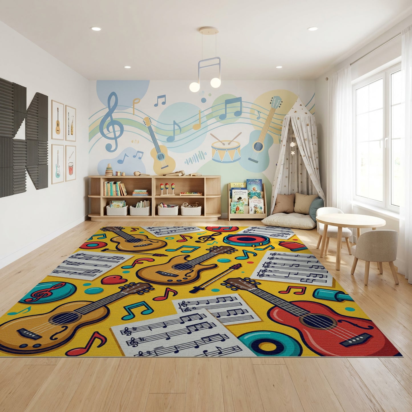 Vibrant Yellow Guitars Music Notes Rug