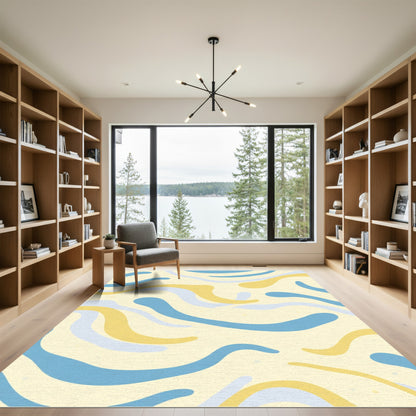 Soft Yellow Blue Wave Swirl Rug