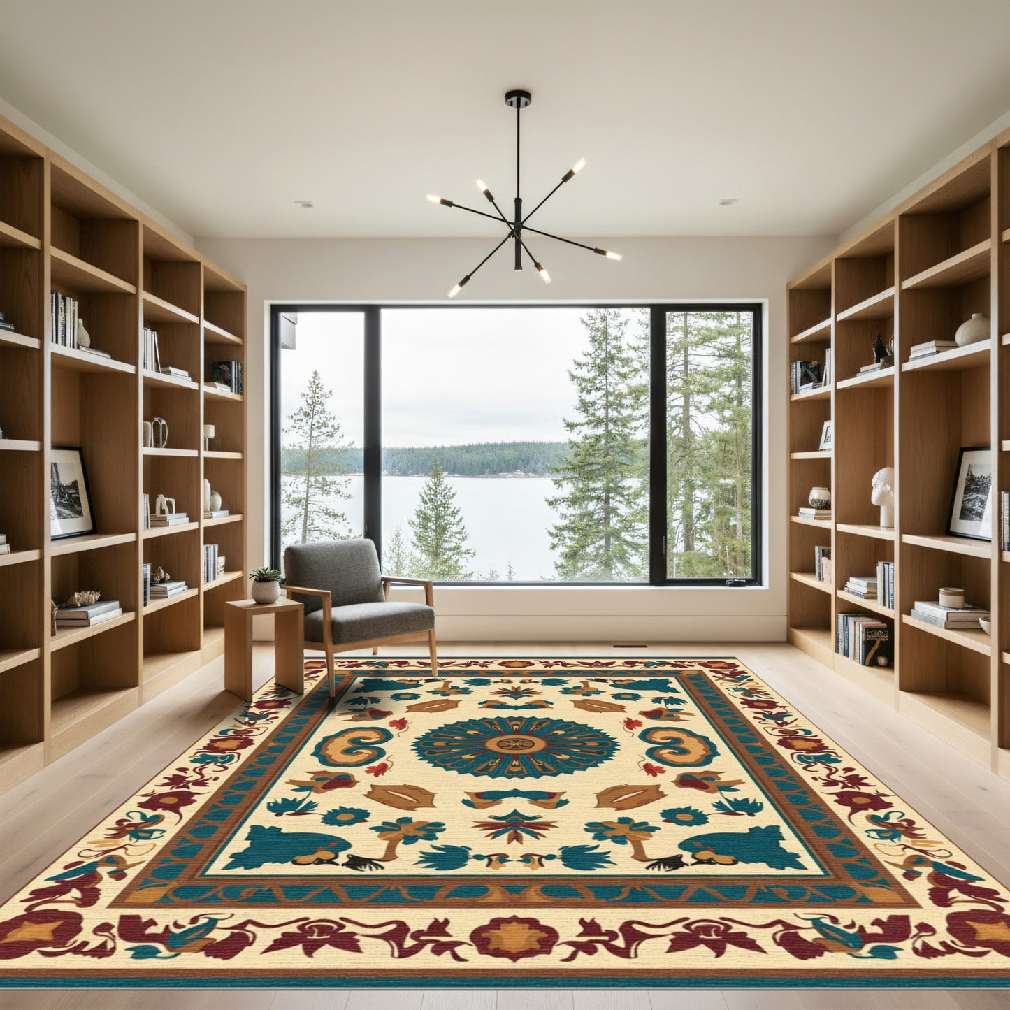 Deep Teal Floral Medallion Cream Rug
