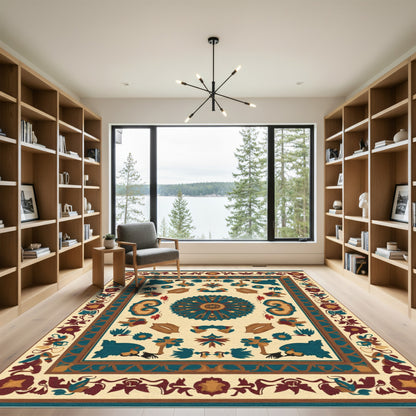 Deep Teal Floral Medallion Cream Rug