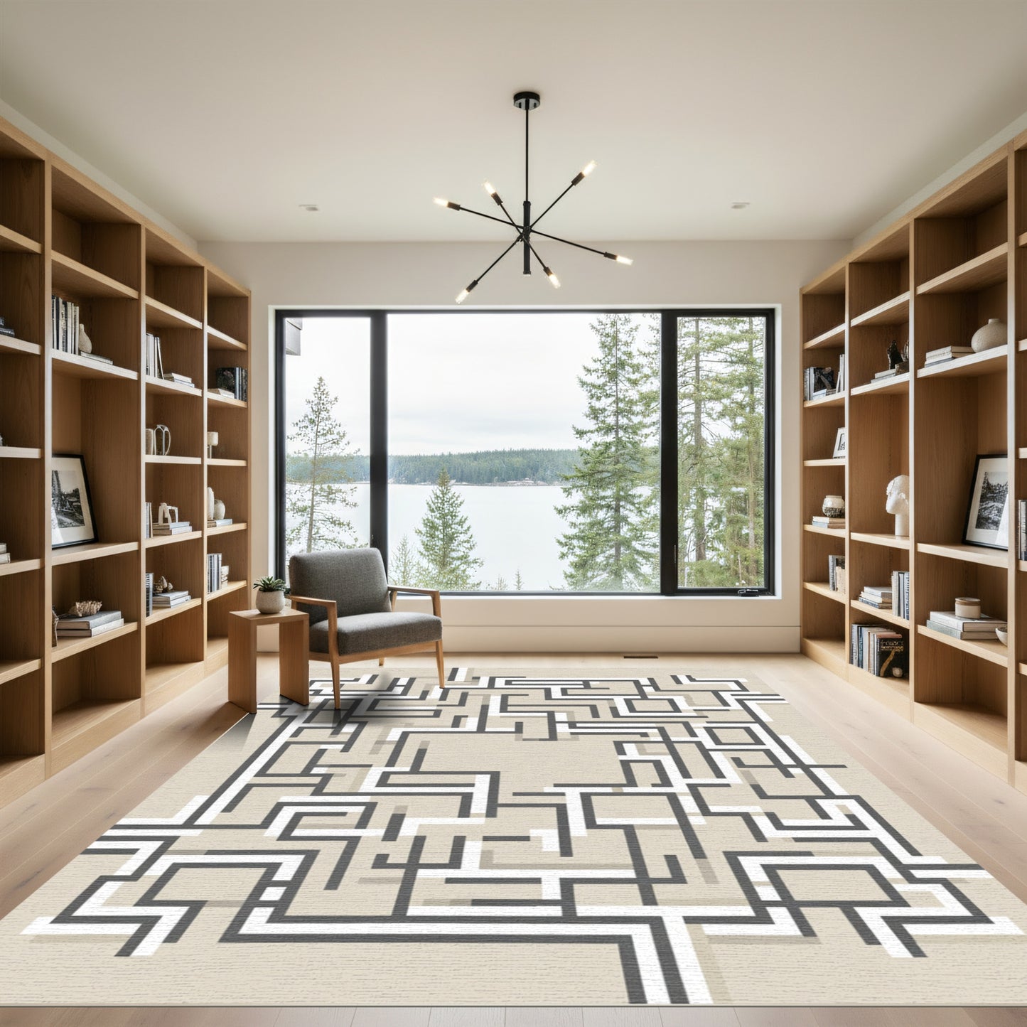 Modern Gray White Intersecting Lines Rug