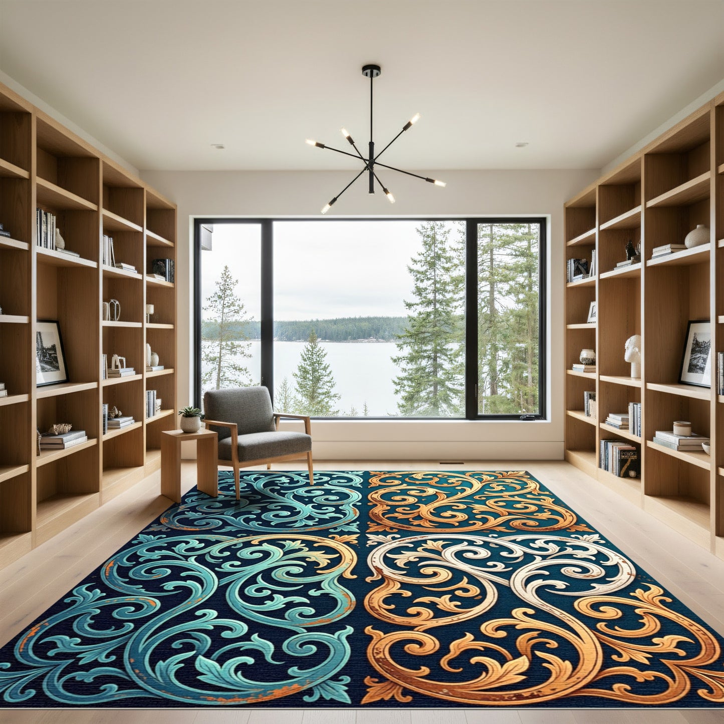 Ornate Teal Gold White Swirls Rug