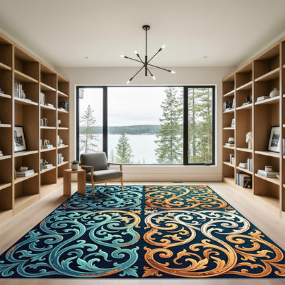 Ornate Teal Gold White Swirls Rug