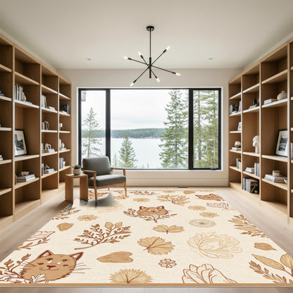 Whimsical Brown Cat Botanical Sketch Rug