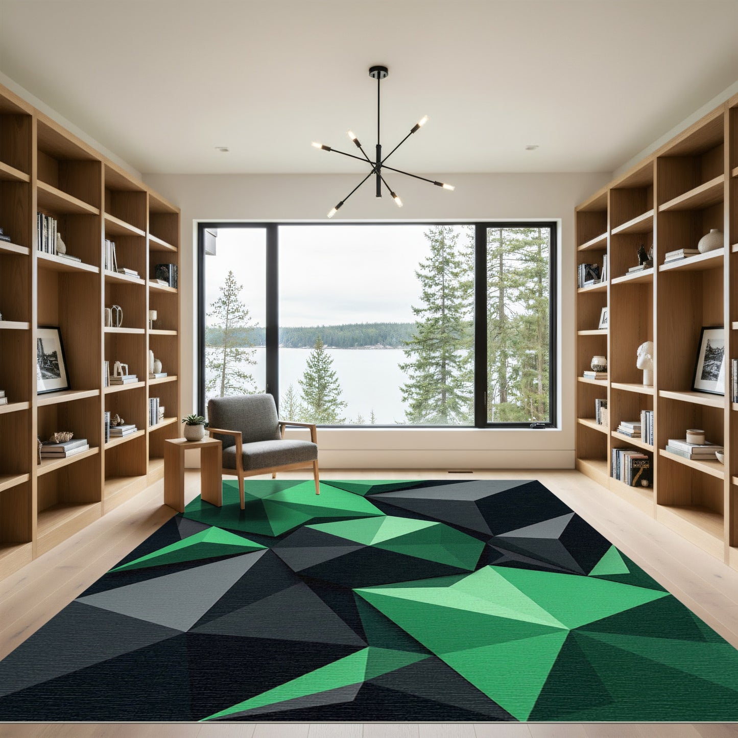 Geometric Emerald and Charcoal Split Prism Rug