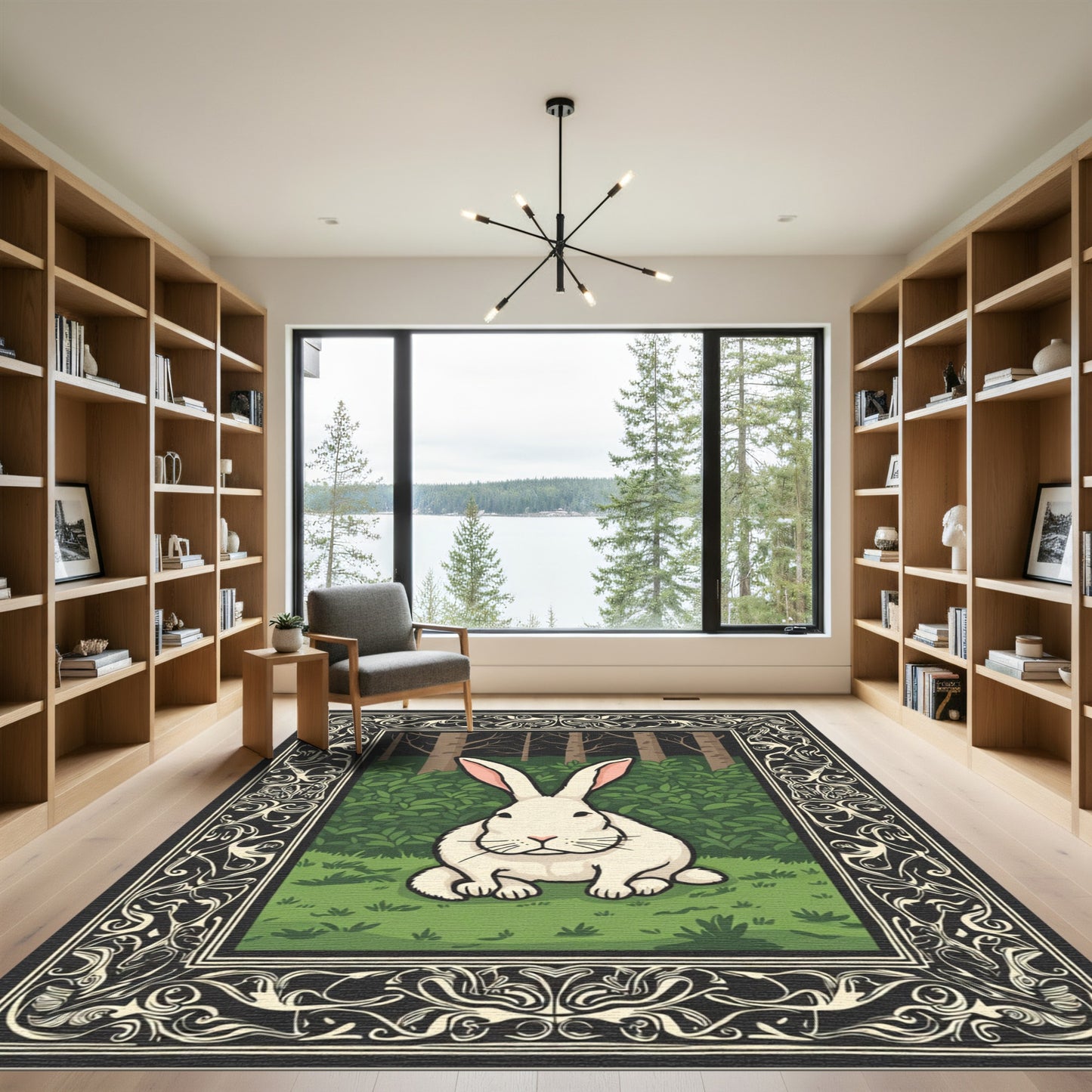 Whimsical White Rabbit Forest Frame Rug