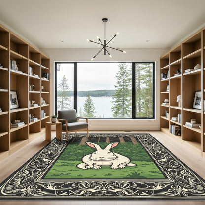 Whimsical White Rabbit Forest Frame Rug