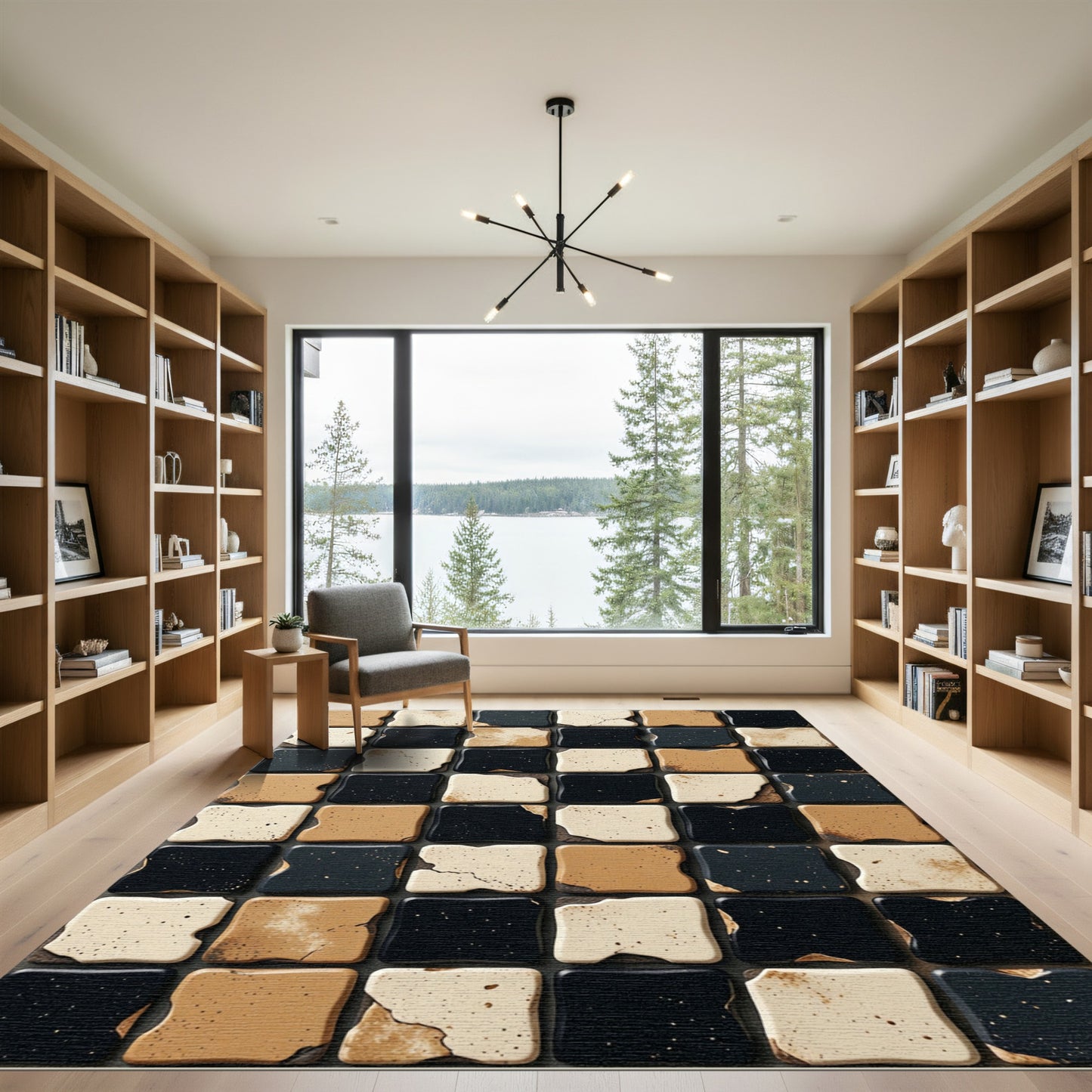 Checkerboard Black Cream Rustic Tiles Rug
