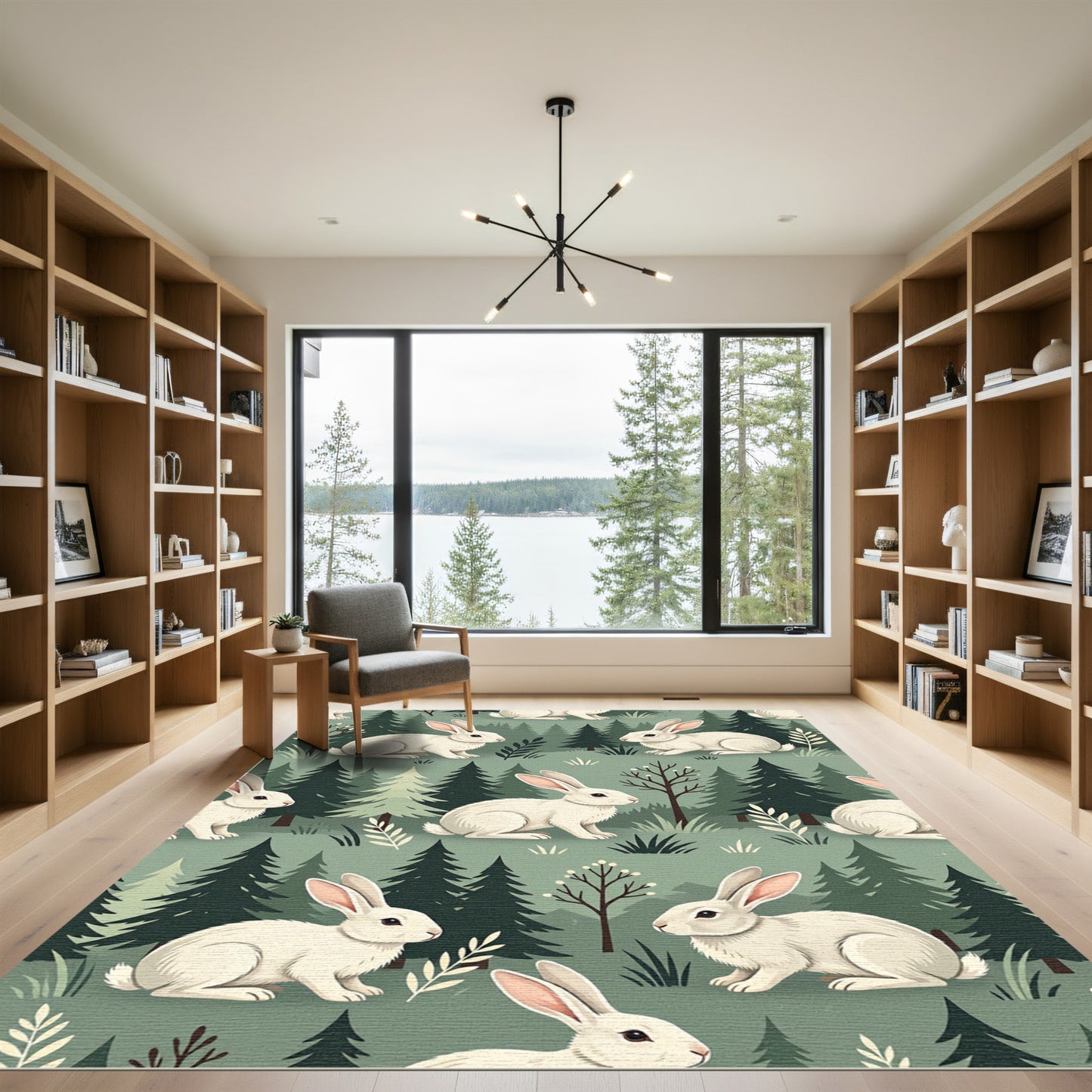 Whimsical White Bunny Forest Landscape Rug