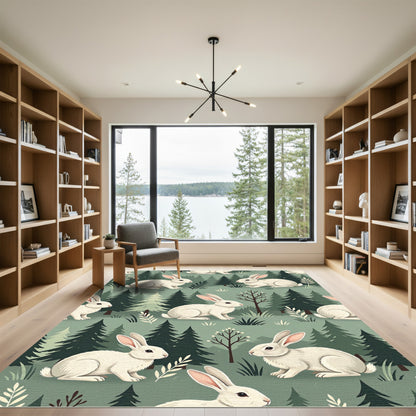Whimsical White Bunny Forest Landscape Rug