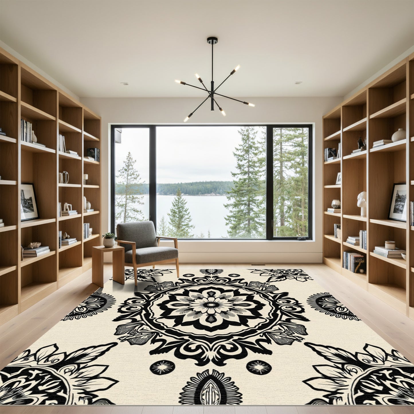 Cream Black Medallion Floral Arrangement Rug