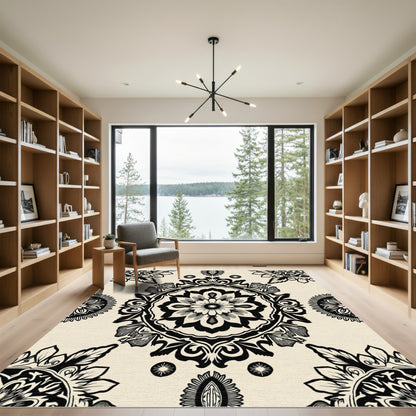Cream Black Medallion Floral Arrangement Rug