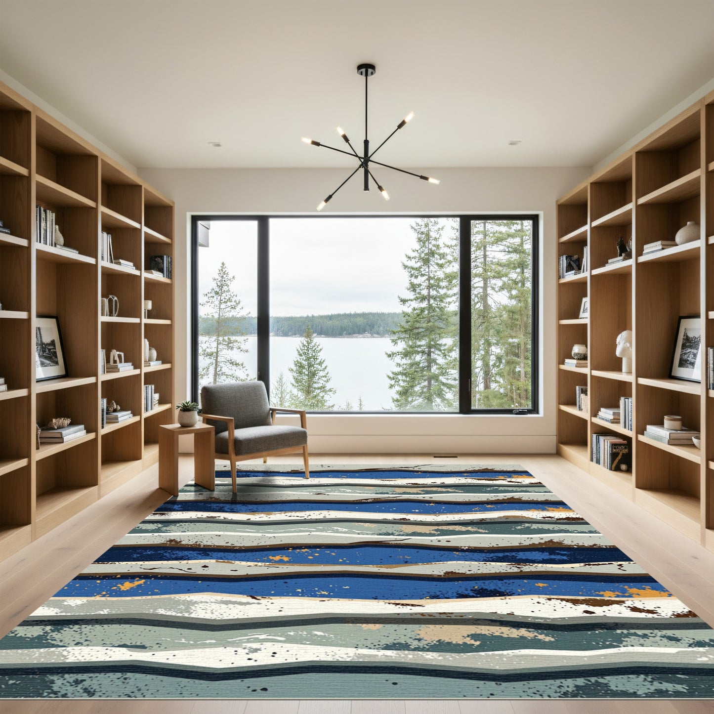 Earthy Blue Wavy Splatter Bands Rug