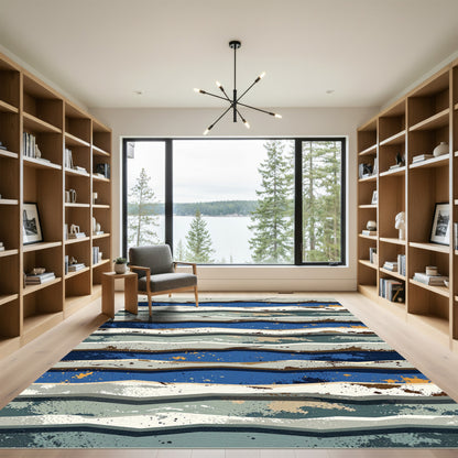 Earthy Blue Wavy Splatter Bands Rug