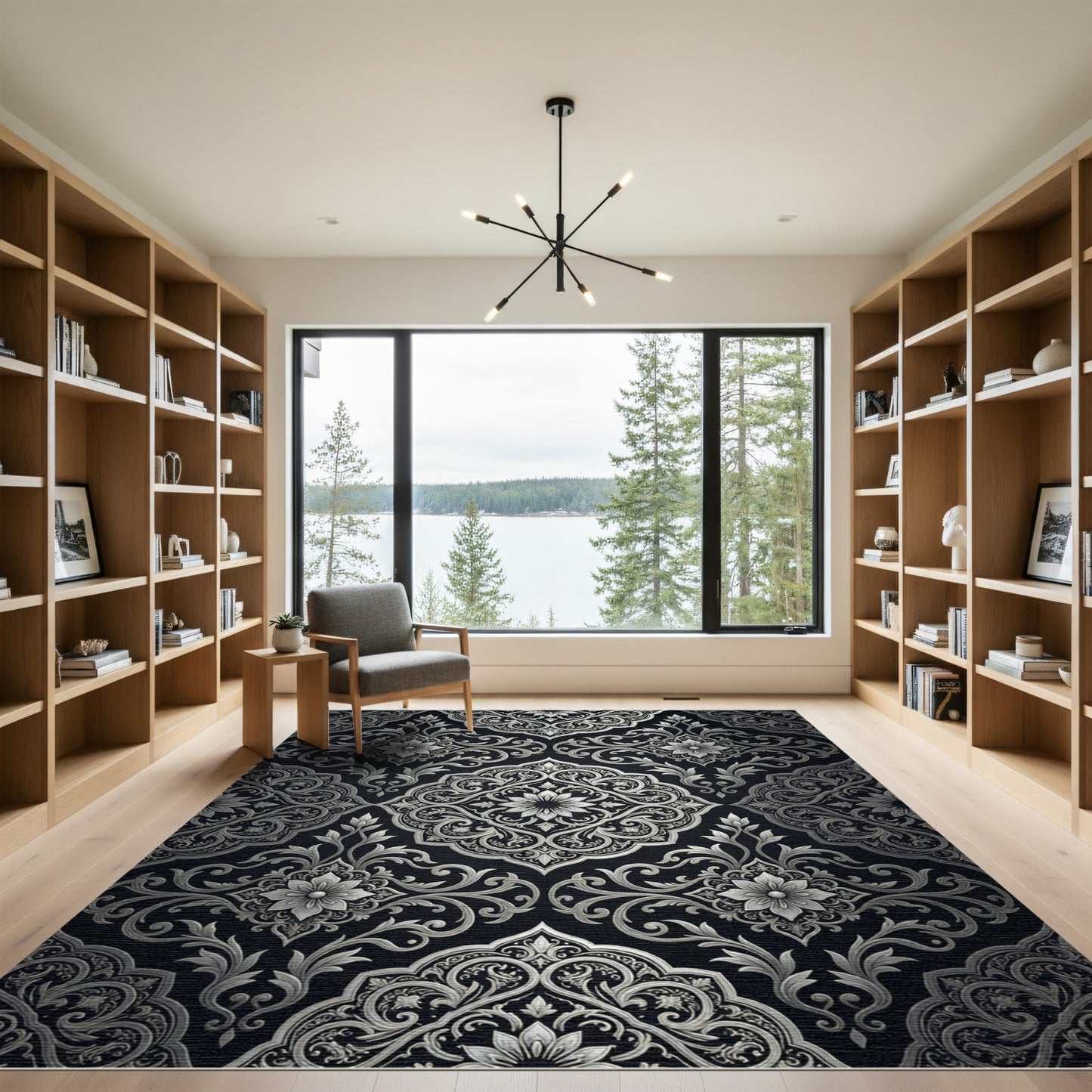 Silver Black Damask Floral Medallion Rug