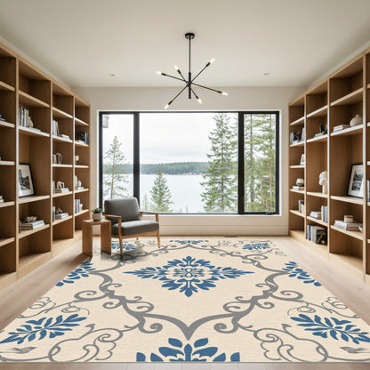 Cream Blue Gray Floral Damask Rug