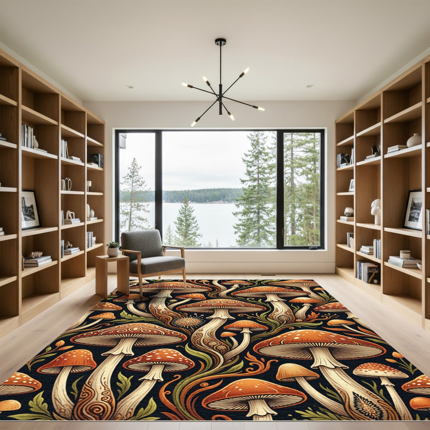 Enchanted Orange Mushroom Forest Art Rug