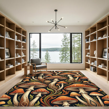 Enchanted Orange Mushroom Forest Art Rug