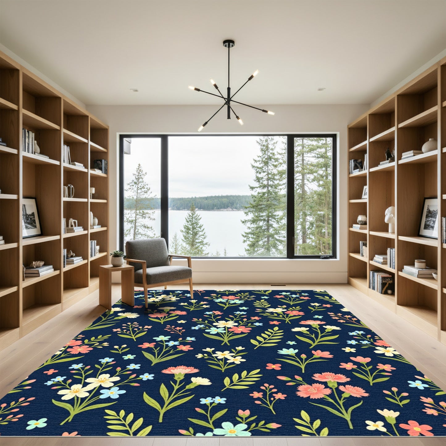 Navy Blue Floral Blossom Scatter Rug