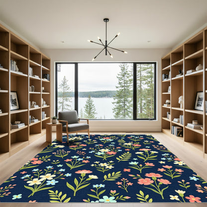 Navy Blue Floral Blossom Scatter Rug