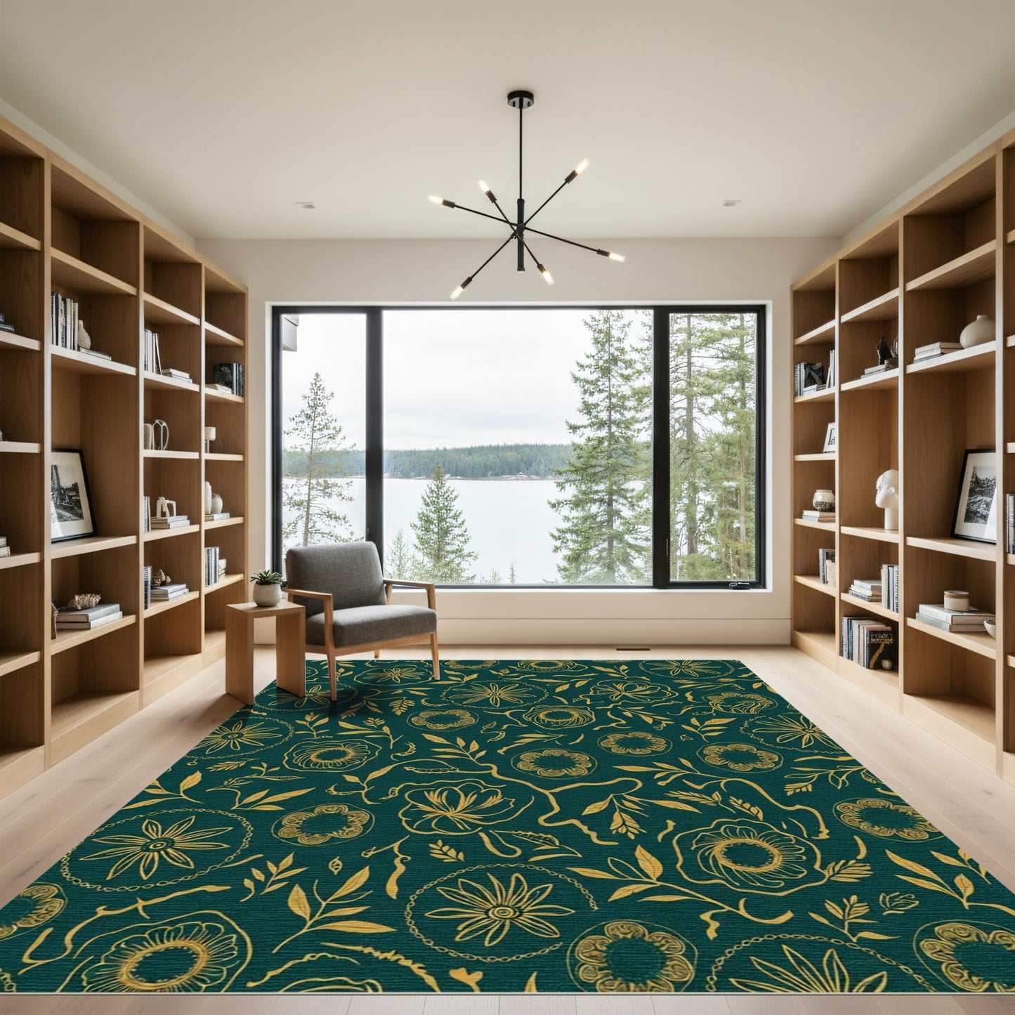 Golden Floral Swirls Teal Rug