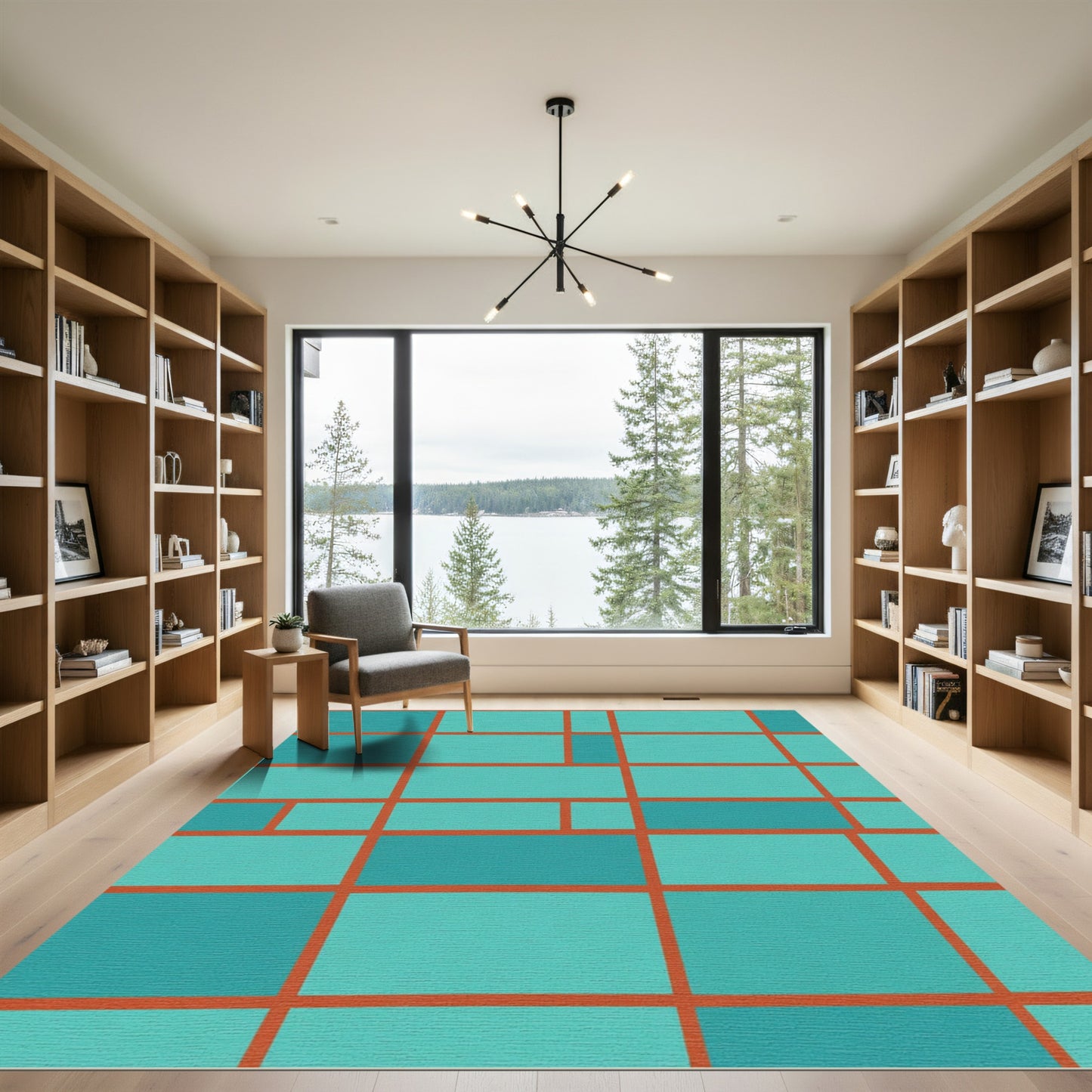 Teal Orange Geometric Blocks Composition Rug