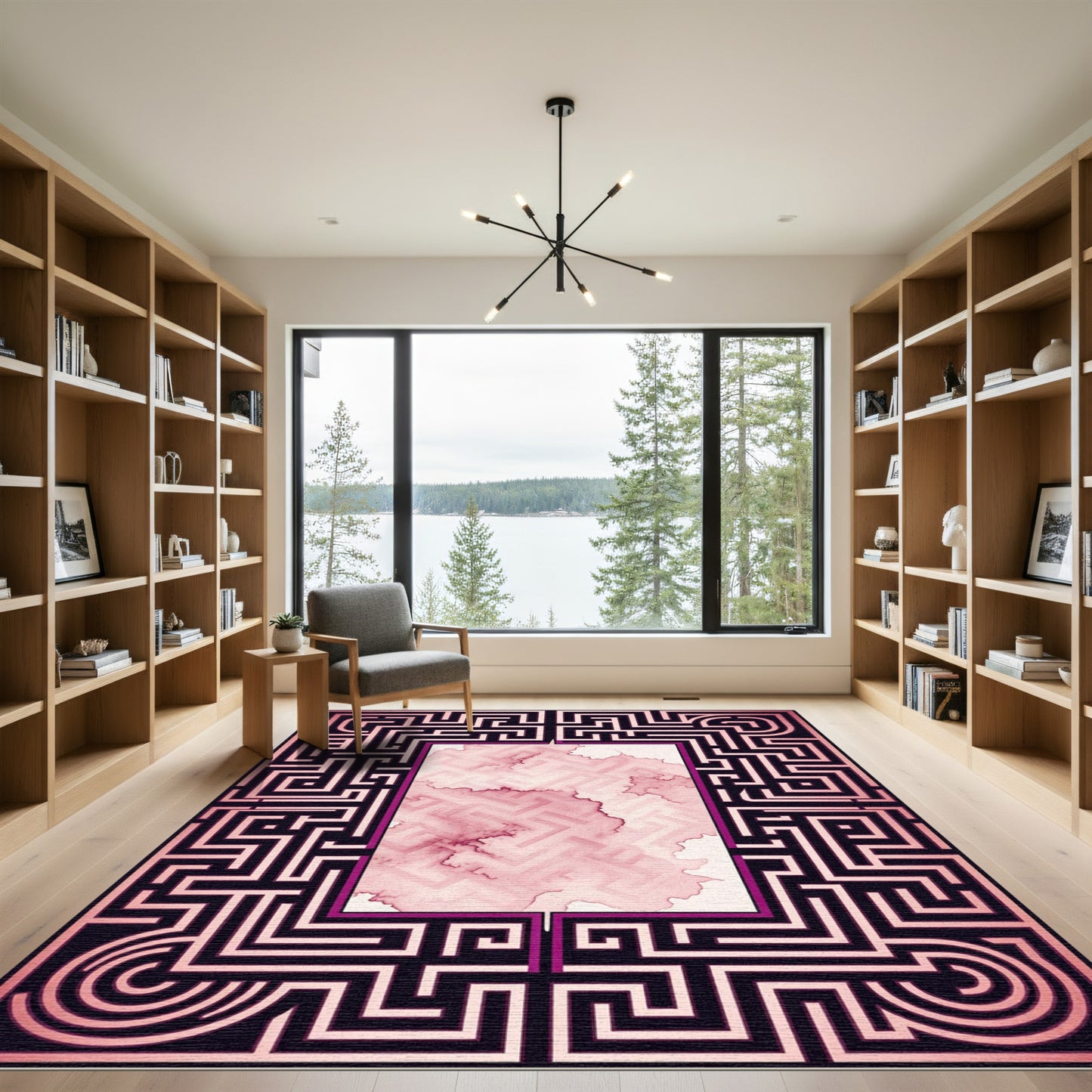 Crimson Maze Abstract Border Rug