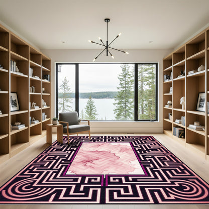 Crimson Maze Abstract Border Rug