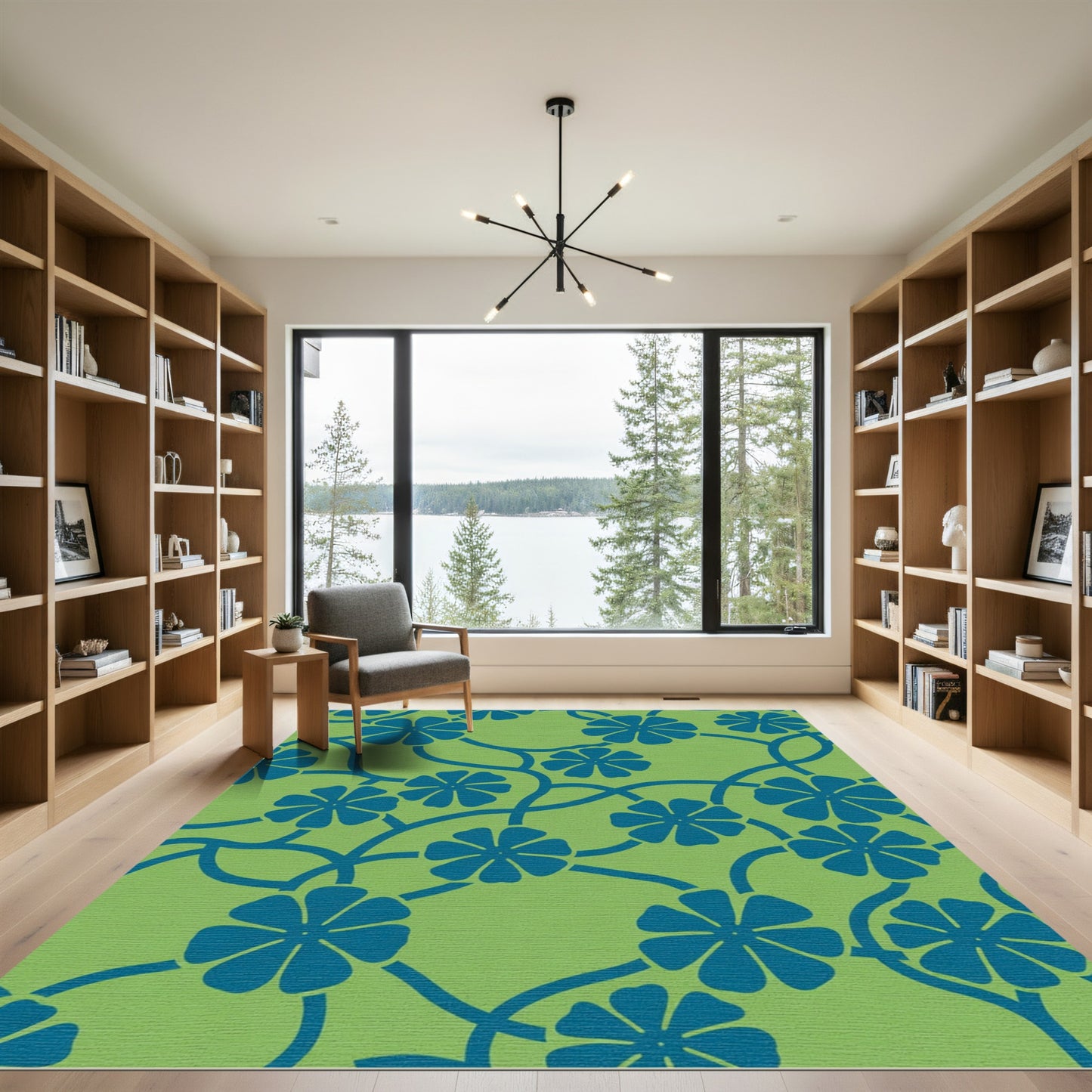 Green Floral Vine Blue Swirls Accents Rug