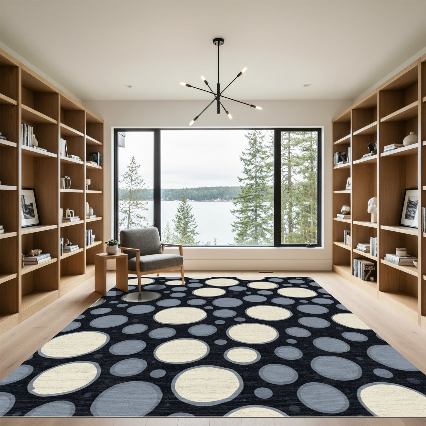 Dark Blue Cream Scatter Dot Round Rug