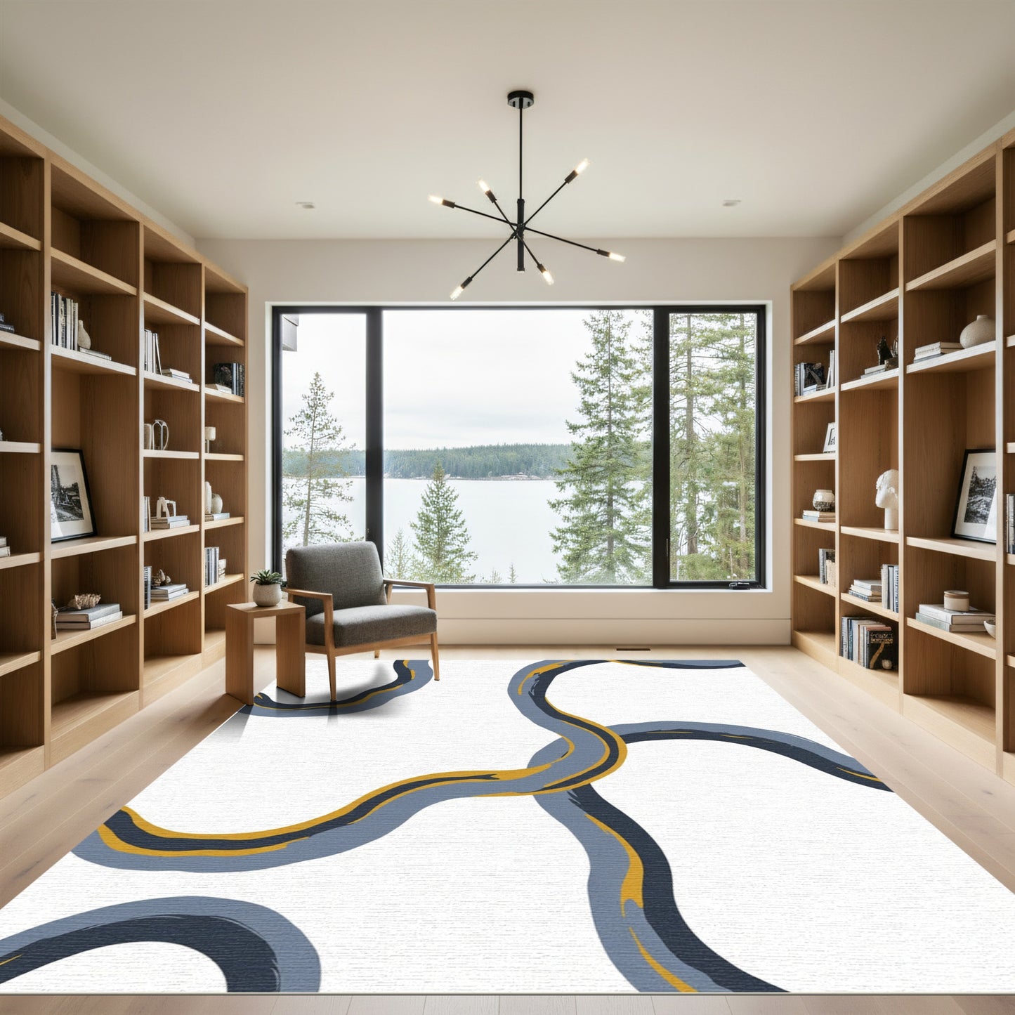 Abstract Wavy Blue Gold Lines Rug