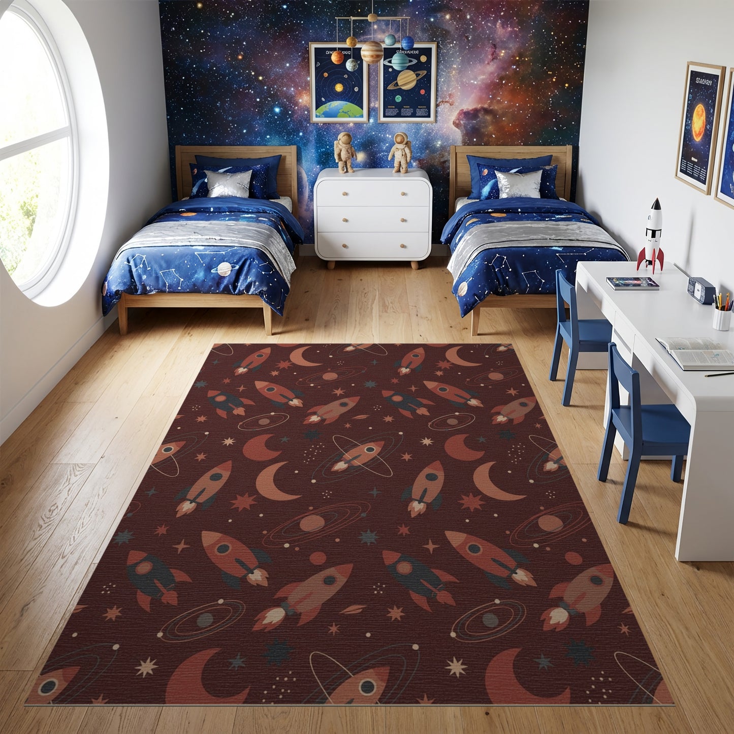 Maroon Cosmic Rocket Moon Star Rug