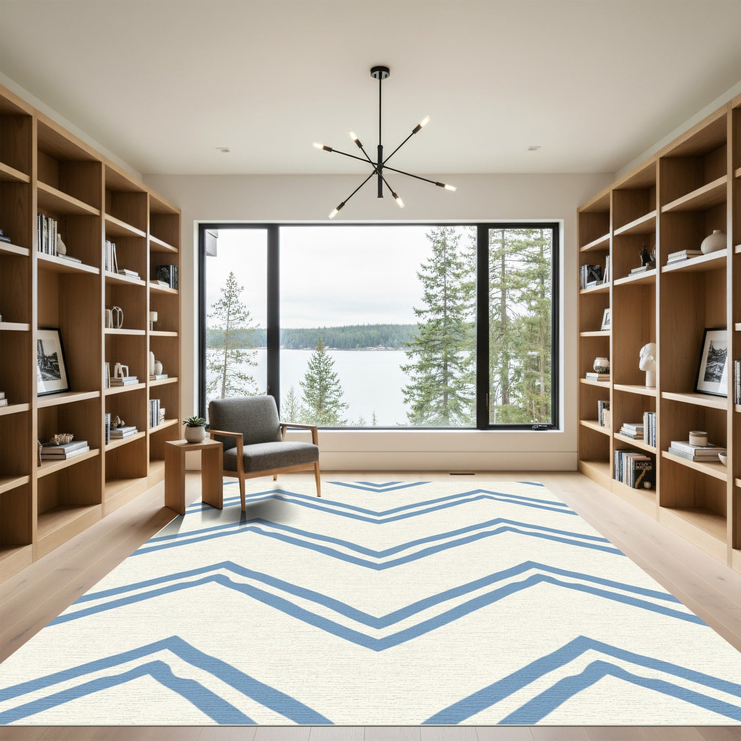 Blue Double Chevron Cream Rug