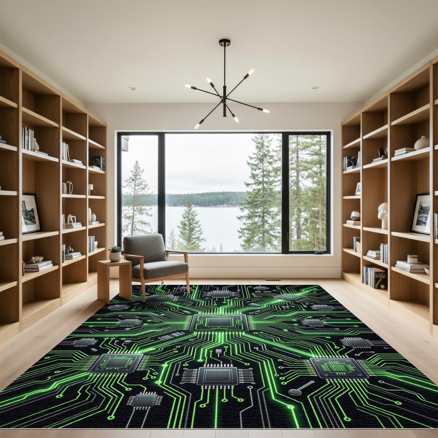 Luminous Green Neon Circuit Central Hub Rug