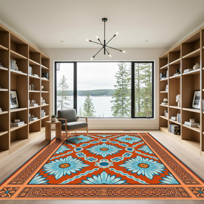 Orange Blue Floral Medallion Frame Rug