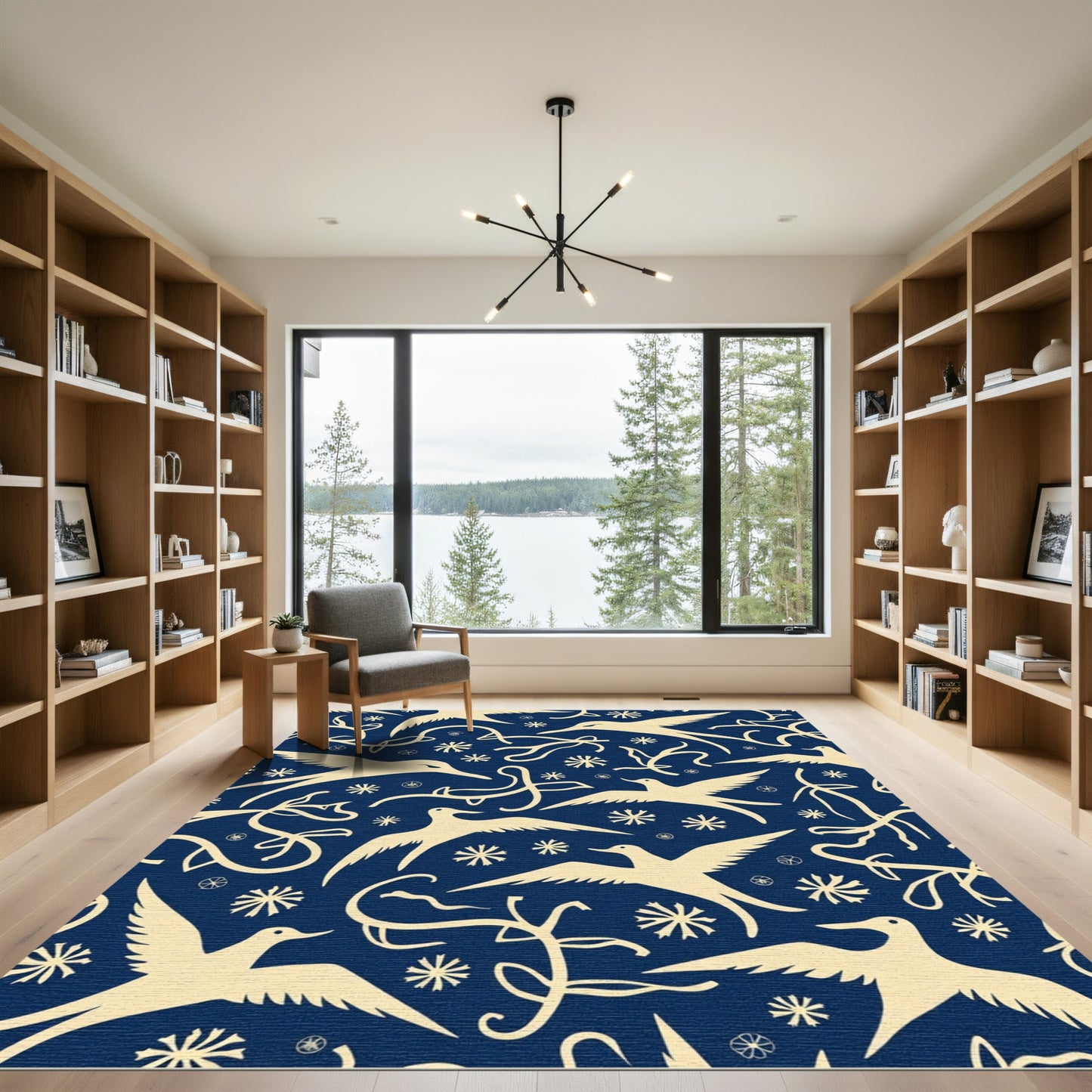 Navy Blue Cream Bird Swirl Composition Rug