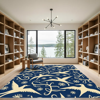 Navy Blue Cream Bird Swirl Composition Rug