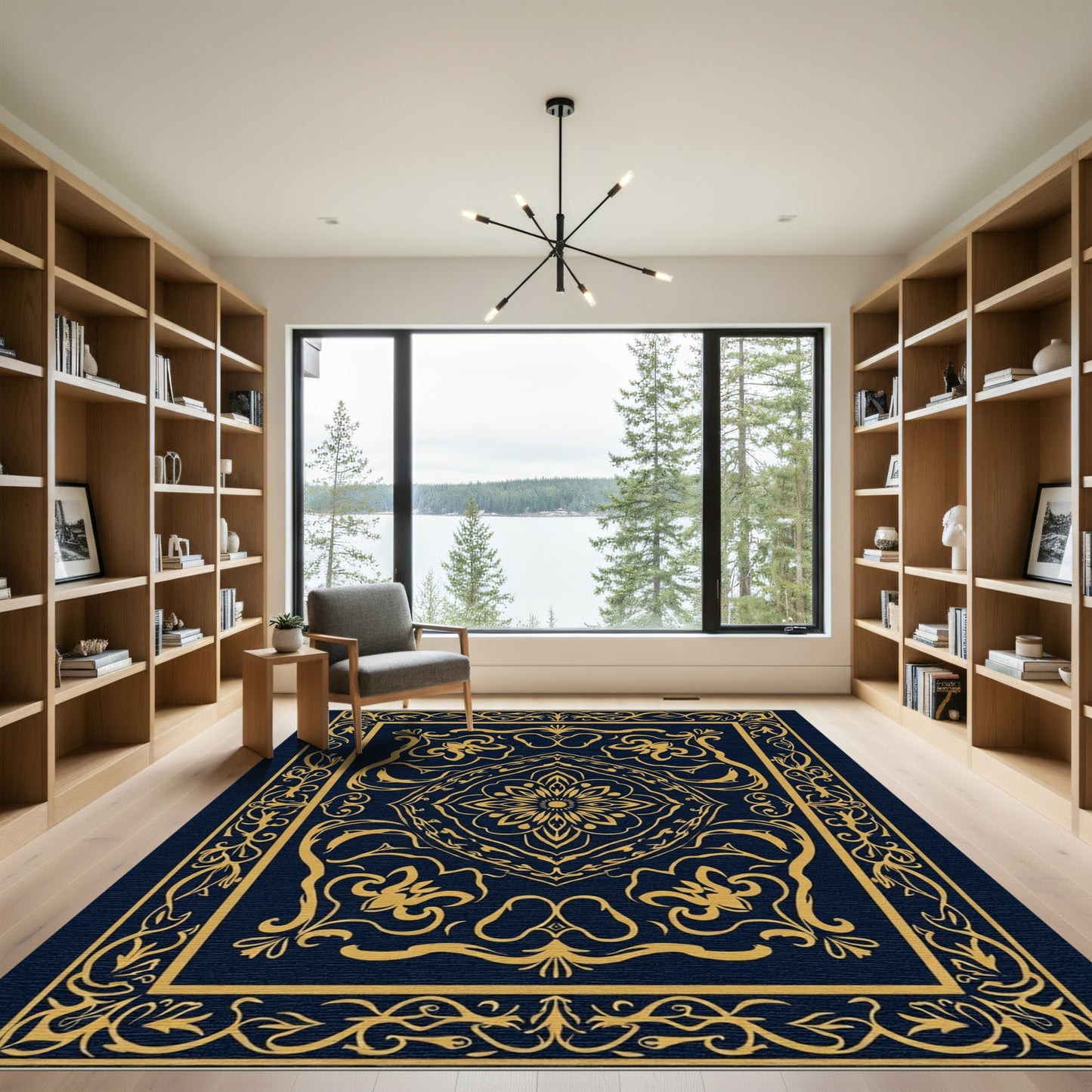 Golden Dark Blue Floral Medallion Rug
