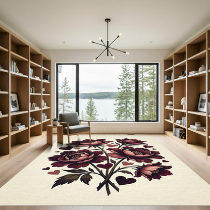 Burgundy Botanical Floral Hearts Illustration Rug
